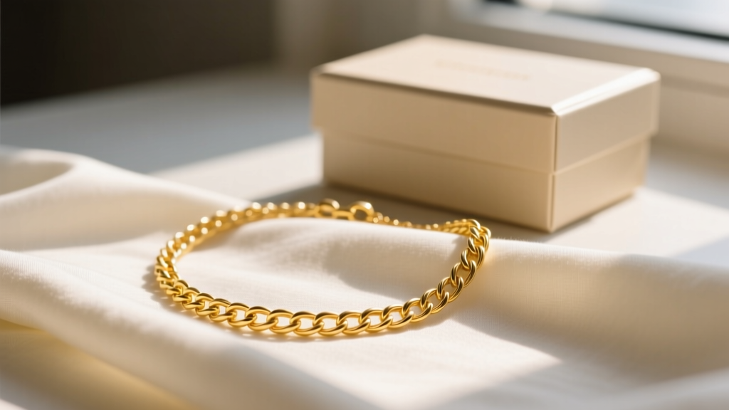 Close-up of a delicate 14k yellow gold cable chain necklace resting on folded linen, soft morning sunlight, elegant gift box nearby.