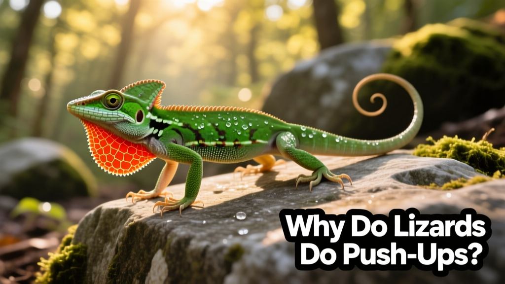 A green anole lizard performing push-ups on a sunlit rock, dewlap extended