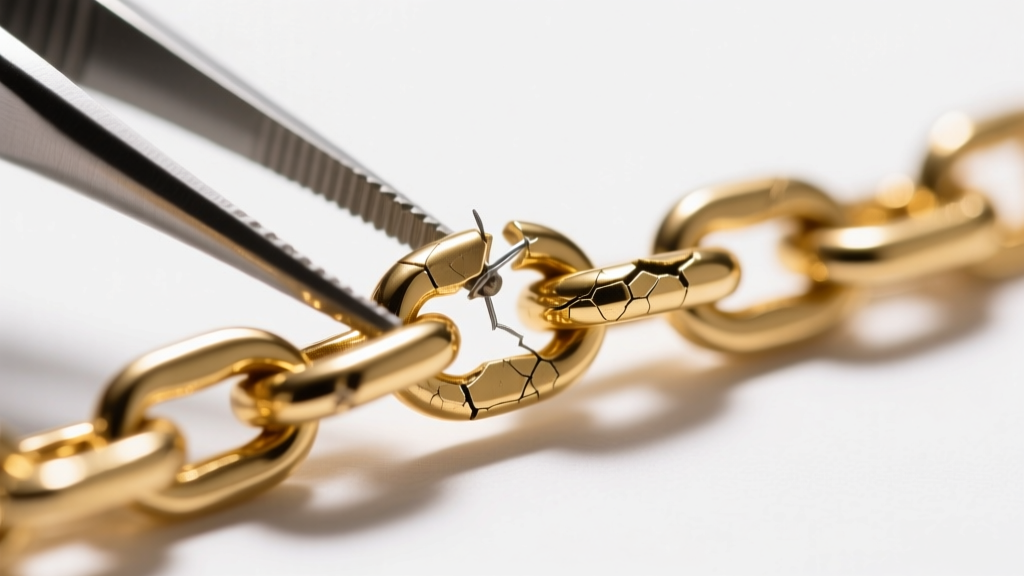 Tweezers holding a broken 6-gram gold Figaro chain at the solder point, showing metal fatigue under bright studio light.