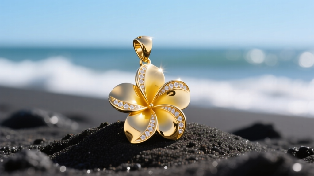 Macro shot of a 14k yellow gold plumeria pendant with white enamel on dark volcanic sand, blurred ocean waves in the background