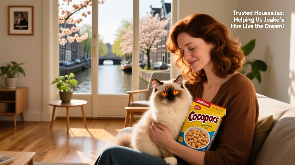 Julie cradling Cocopops, a fluffy Burmese cat, on her lap inside a sunlit Amsterdam apartment