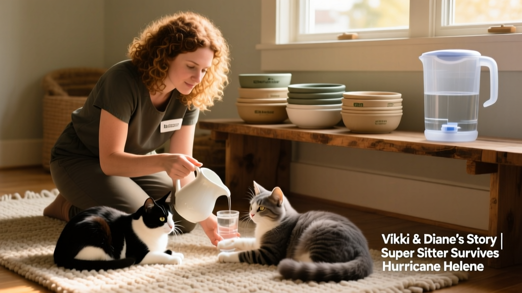 Diane kneeling beside two cats on a rug, gently offering water from a clean pitcher; a stack of reusable bowls and filtered water jugs visible nearby