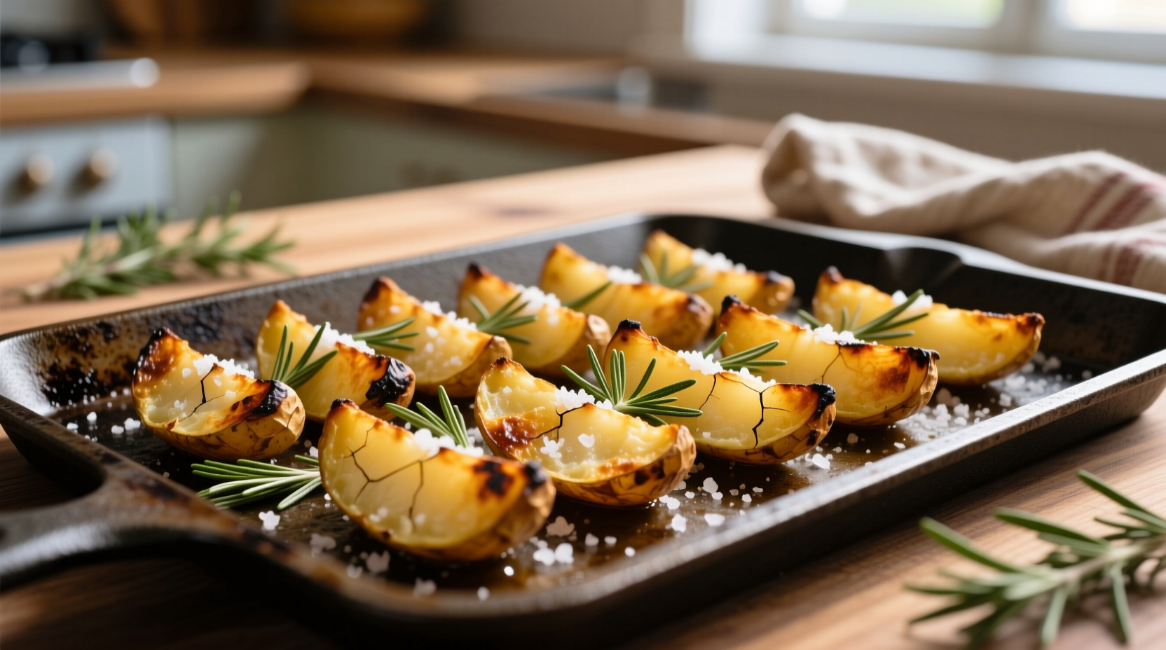 Golden baked potato wedges on baking sheet