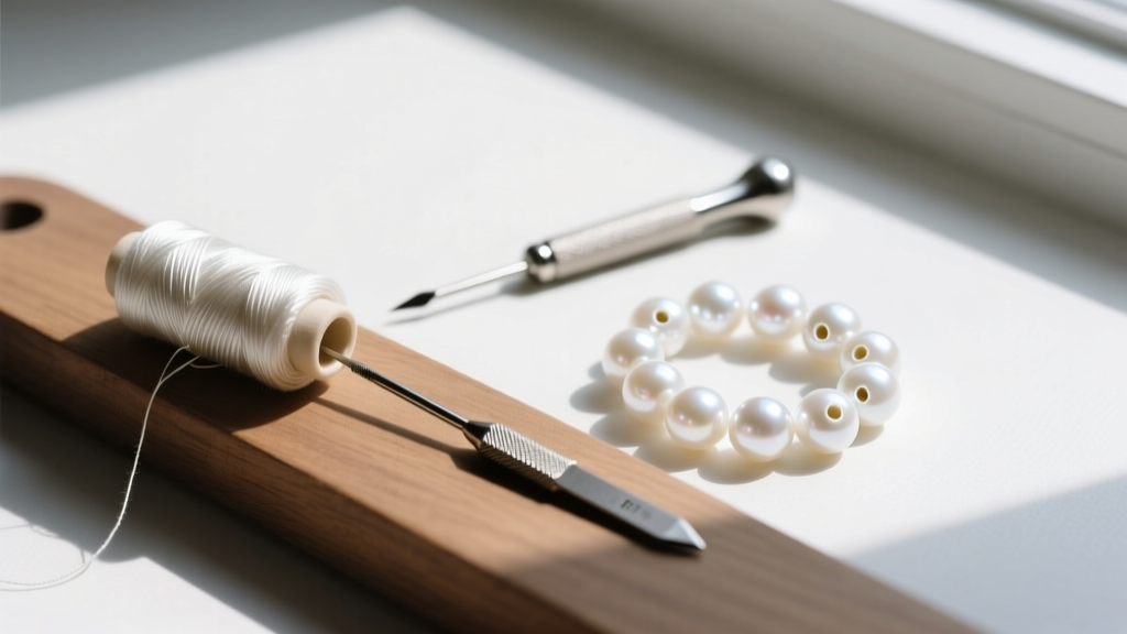 Overhead shot of a workbench showing size F silk thread, a beading awl, and loose white South Sea pearls with drill holes.