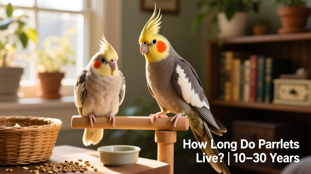 Side-by-side comparison showing a fluffy juvenile cockatiel next to a sleek adult with bright orange cheek patches