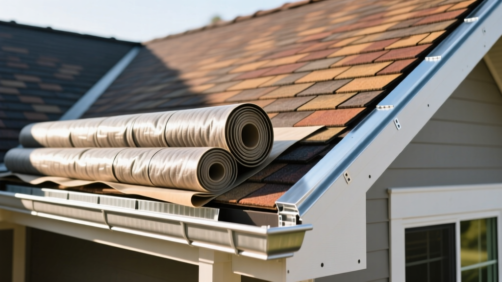 Residential roof framing with stacked synthetic underlayment rolls, galvanized drip edge flashing, and architectural shingles