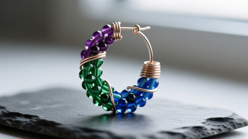 Macro shot of a 20-gauge niobium wire hoop earring tightly wrapped with 2mm Czech glass seed beads resting on dark slate