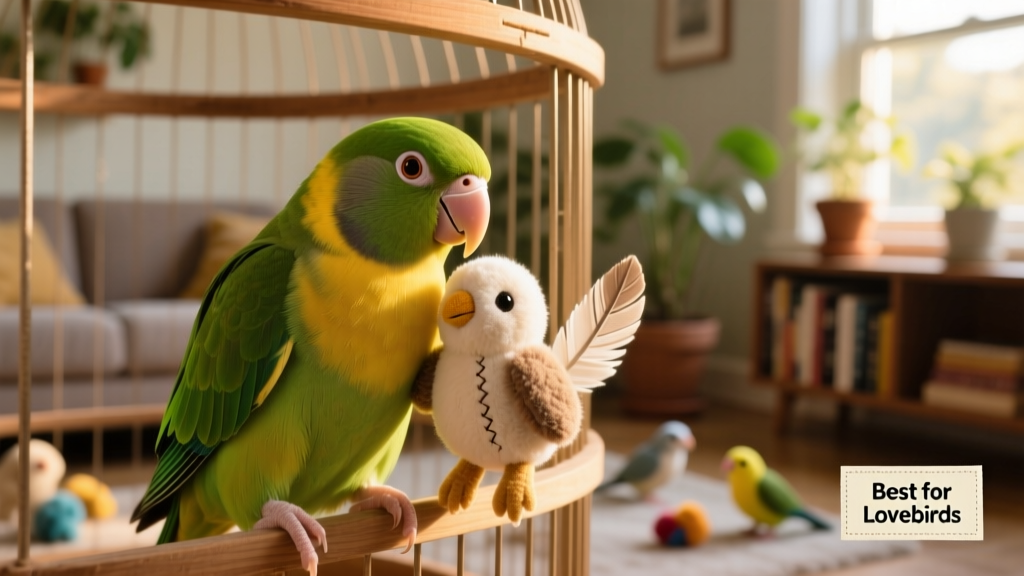 A female lovebird gently holding a soft plush toy in her beak inside a cage