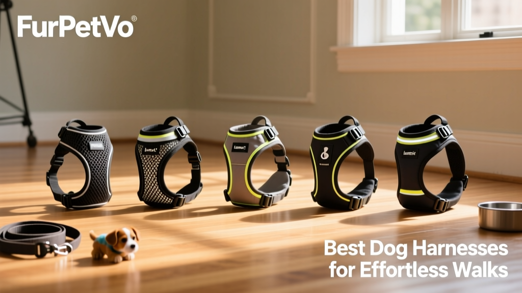 Side-by-side comparison of six different FurPetVo harness styles laid out on a clean, sunlit floor