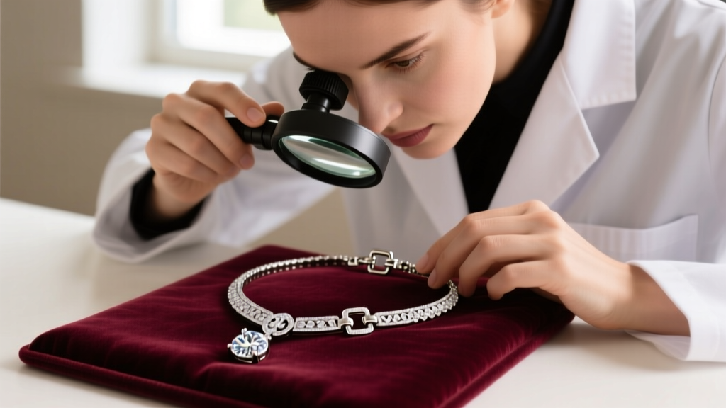 Jeweler using a 10x loupe to inspect the clasp and safety catch of a rented platinum diamond pendant necklace on a velvet pad.