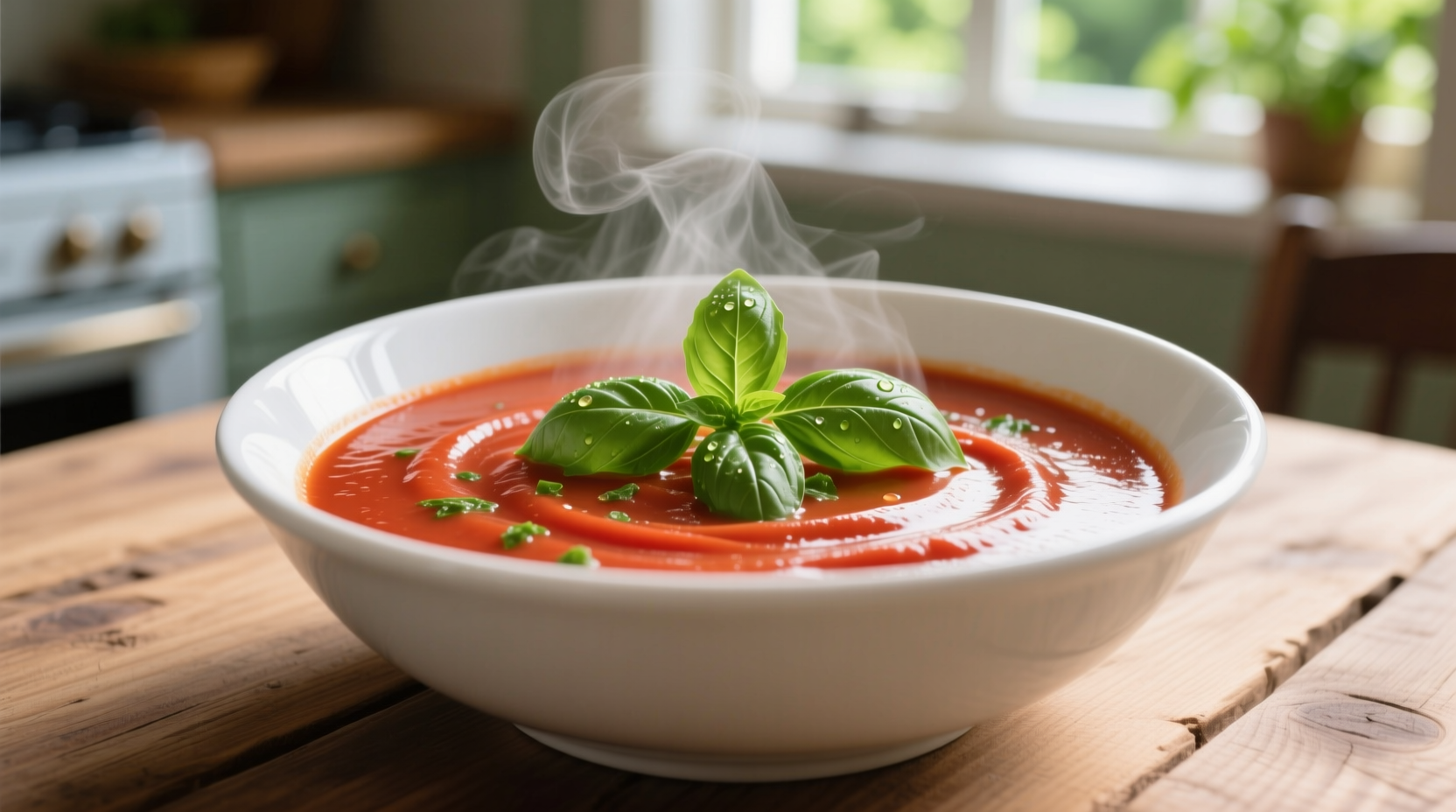 Creamy tomato basil soup in white bowl with fresh basil garnish
