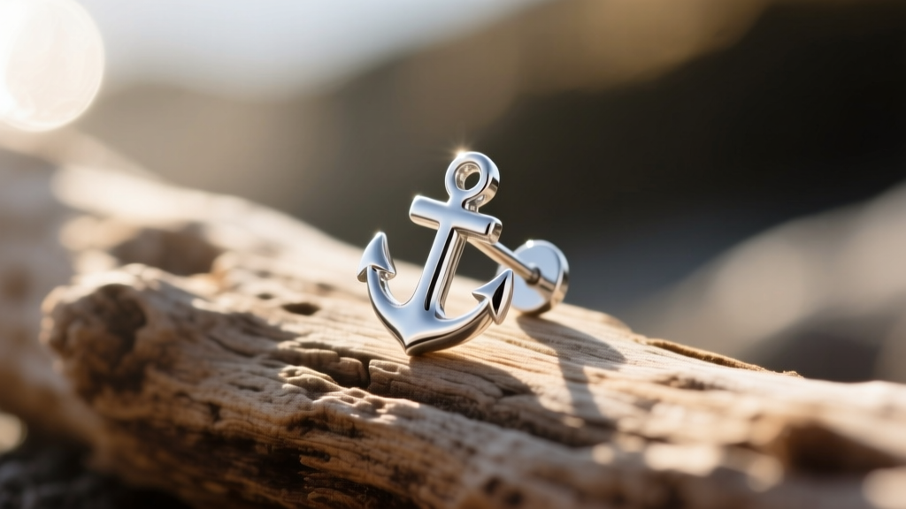 Macro shot of a polished sterling silver anchor earring stud resting on driftwood, illuminated by soft natural morning sunlight.