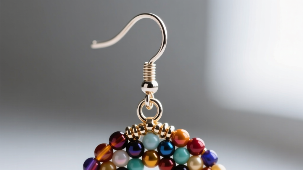 Macro view of a finished seed bead earring attached to a 22-gauge niobium ear wire using a small, secure titanium jump ring.