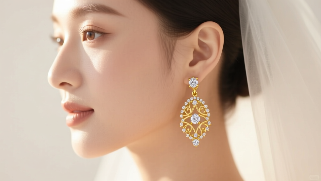 Close-up of a bride wearing 18k yellow gold dangle earrings with bezel-set diamonds, soft romantic lighting, detailed metalwork.