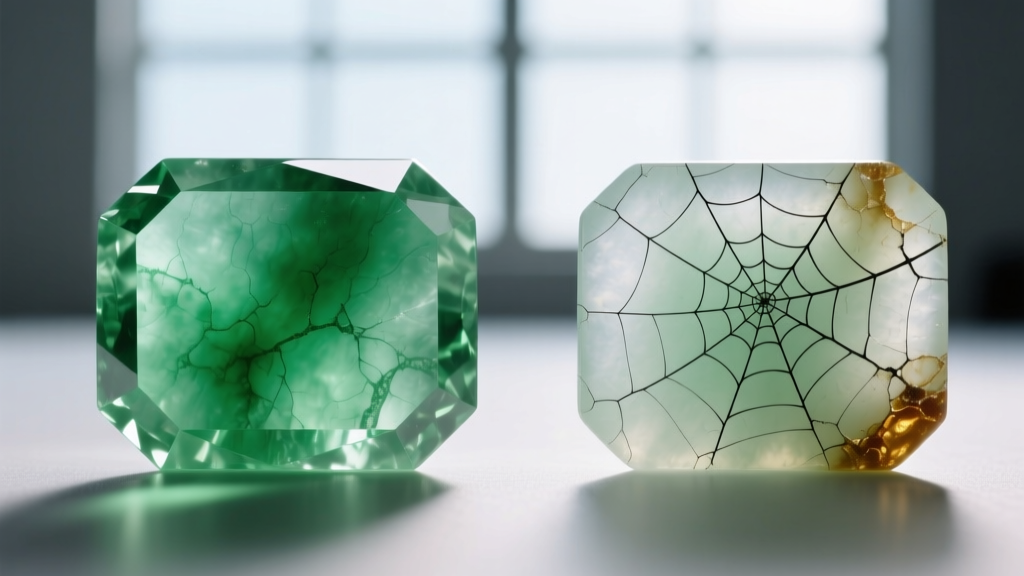 Gemological microscope view comparing untreated Type A jadeite and acid-bleached Type B jade with visible surface spiderweb cracking