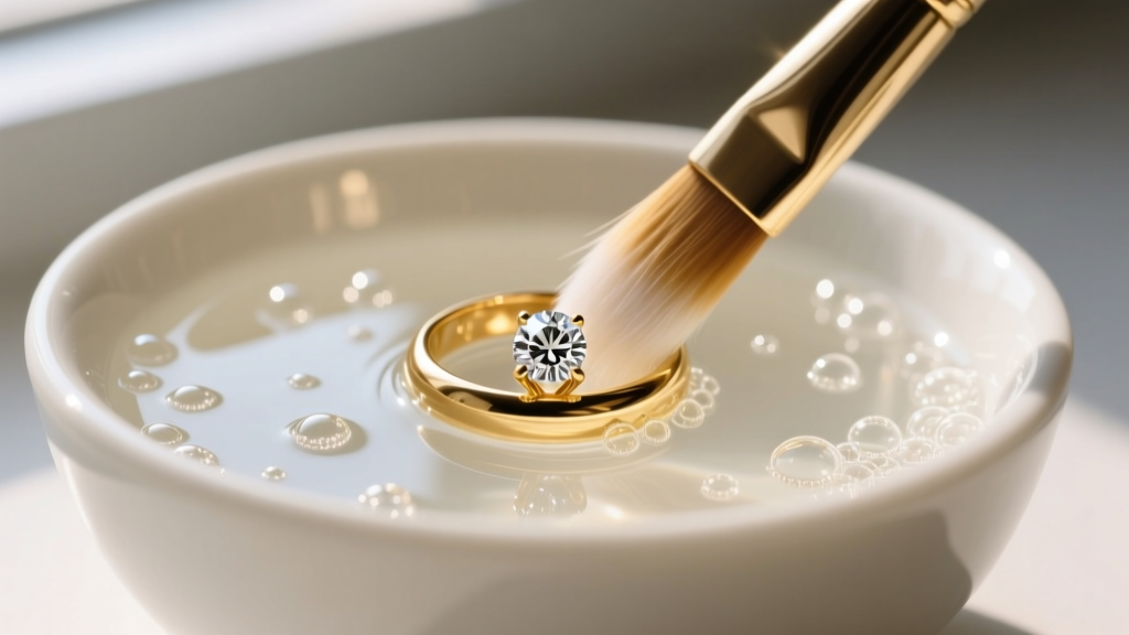 Soft brush cleaning an 18k gold diamond ring in a white ceramic bowl filled with warm, soapy distilled water and tiny bubbles.