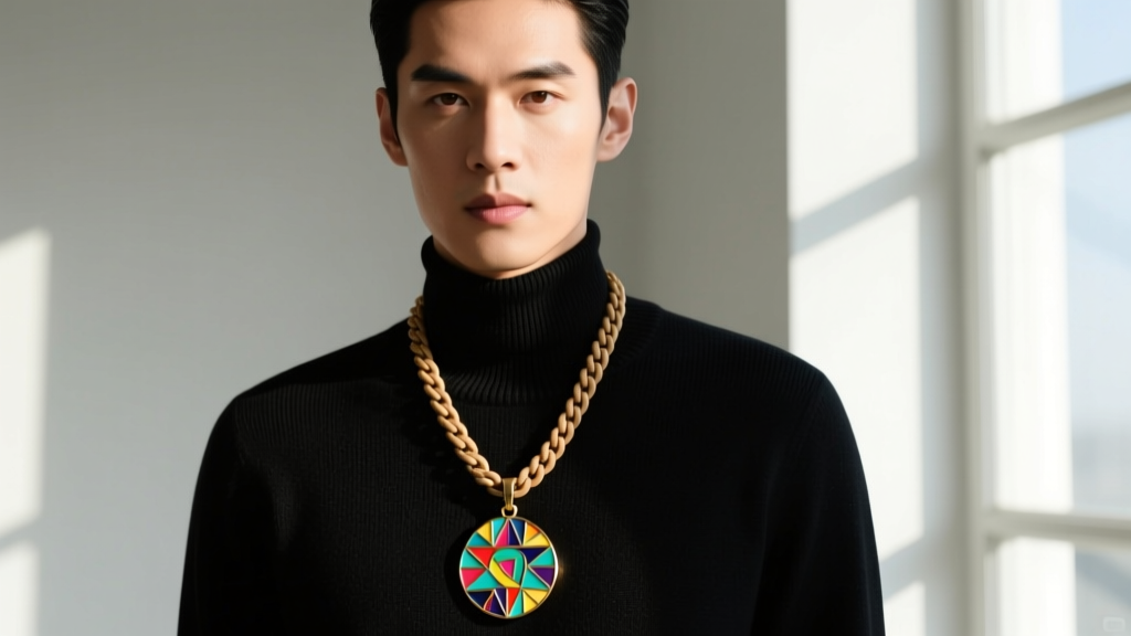 Person wearing a bold enameled pop-culture pendant on a thick wheat chain over a plain black crewneck sweater in natural daylight
