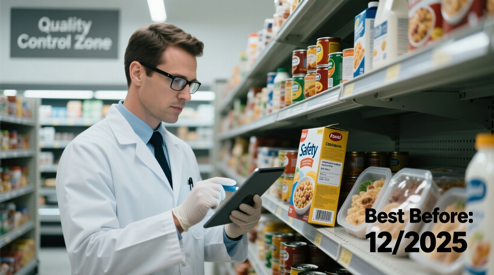 Food safety inspection checking expiration dates on grocery items