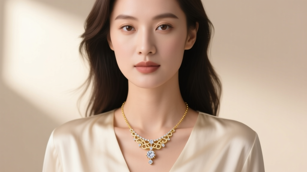 Elegant close-up of a woman wearing a delicate 14k gold diamond J necklace against a soft cream silk blouse, natural lighting