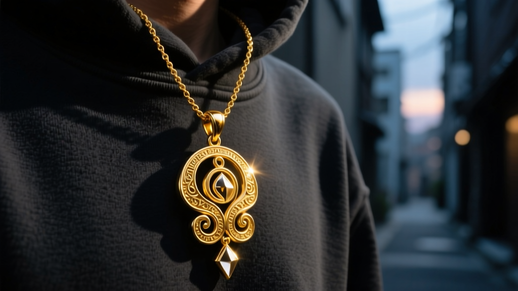 Close-up editorial shot of a gold takrut necklace over a dark streetwear hoodie, lit by moody directional cinematic lighting