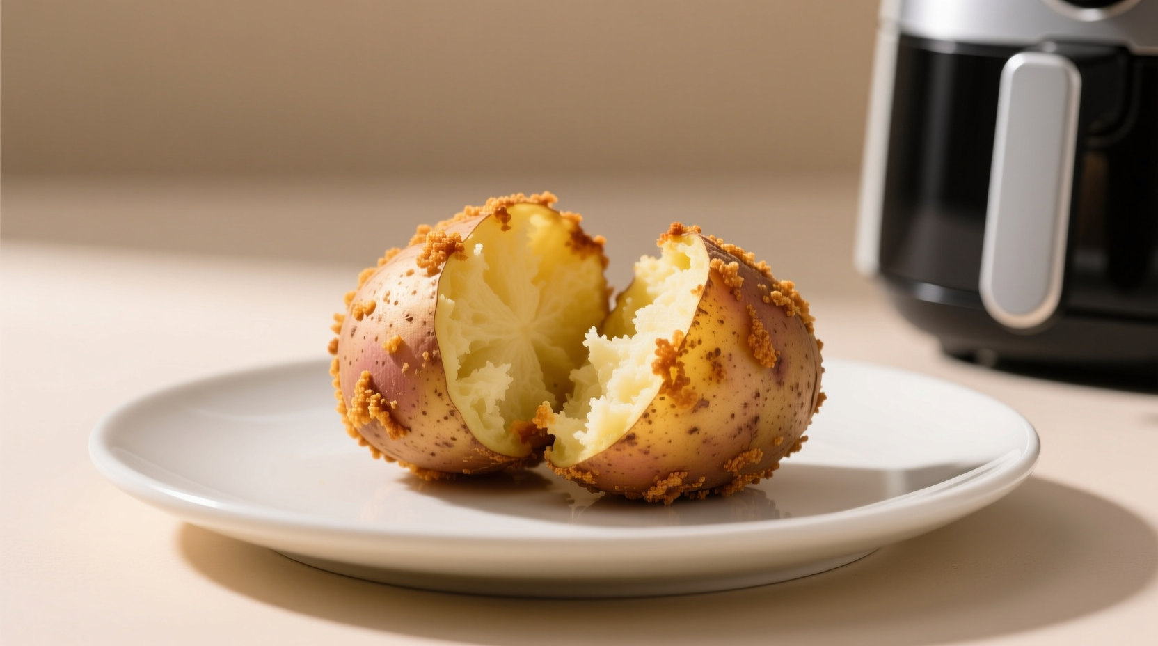 Texture comparison context: Halved air-fried russet potato showing fluffy interior versus dense microwave-baked version for side dish decisions