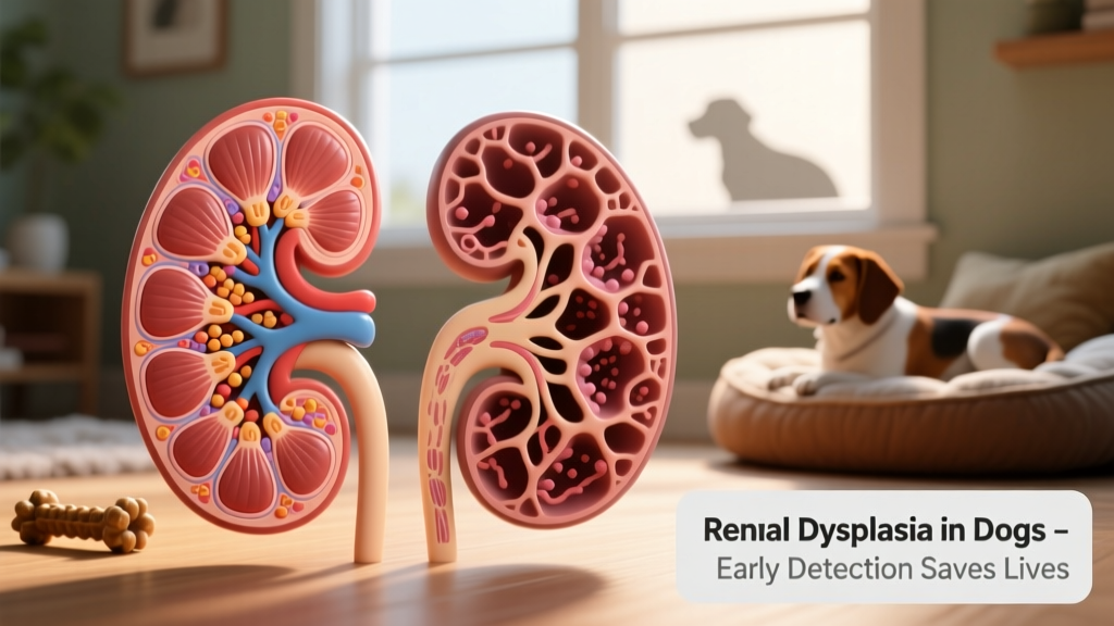 Side-by-side illustration comparing healthy canine kidney tissue versus dysplastic kidney tissue showing underdeveloped nephrons