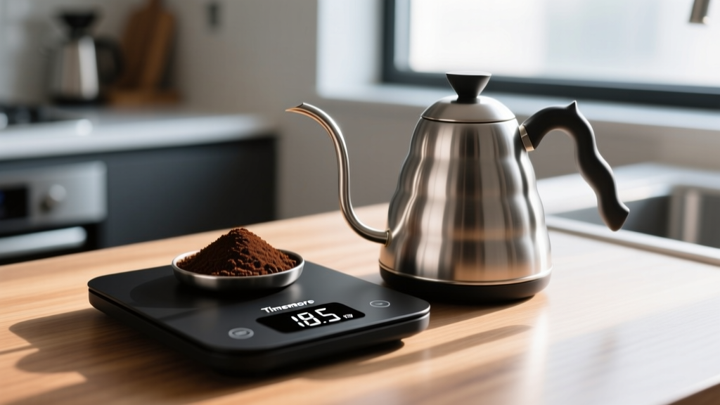 Timemore Black Mirror Basic smart scale displaying 18.5 grams of freshly ground coffee beans next to a stainless steel gooseneck kettle