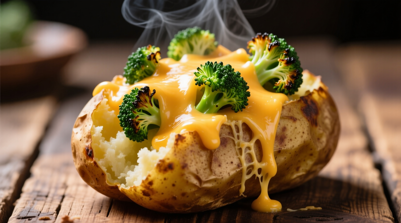 Golden baked potato topped with broccoli and melted cheddar