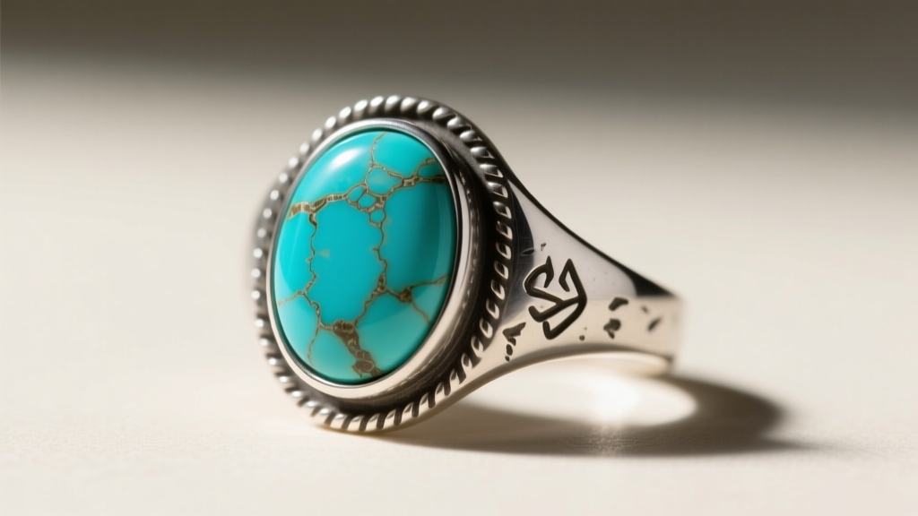 Macro shot of a hand-stamped sterling silver bezel setting securing a high-grade Sleeping Beauty turquoise cabochon in a ring.
