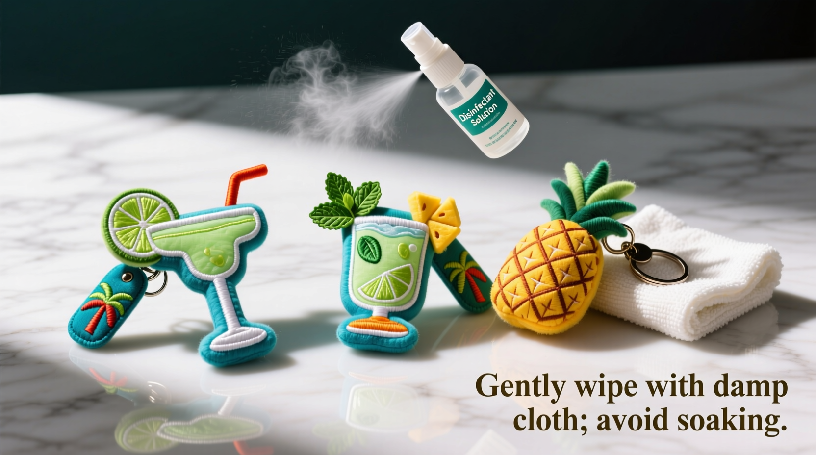 how to disinfect plush cocktail-themed keychains without fading colors