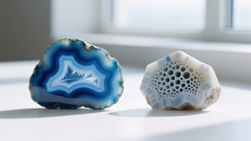 Macro comparison of natural wavy blue lace agate banding next to the uniform porous structure of a dyed howlite imitation stone.