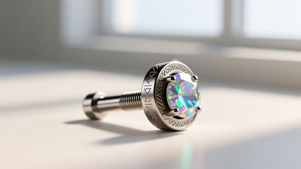 Macro shot of an implant-grade titanium labret stud with a 16-gauge post and 3mm bezel-set opal, showing threading mechanism.