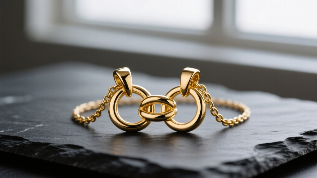 Close-up of 14k gold interlocking mother-daughter pendants on dark slate, soft lighting highlighting the high-polish metal finish.