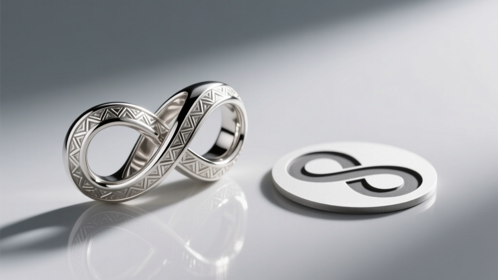 Side profile of a 3D cast platinum infinity knot beside a flat stamped version, illustrating structural depth and metal durability.