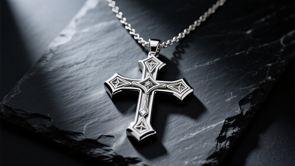 Overhead shot of a heavy mens large cross necklace in polished stainless steel resting on dark slate with soft directional light