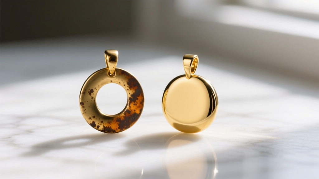 Macro shot comparing a tarnished gold-plated brass circle pendant beside a bright 14k gold vermeil pendant on white marble.