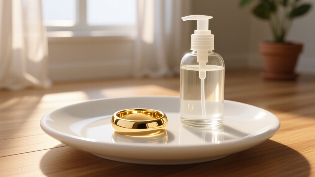 18k gold ring on a ceramic dish beside a clear glass bottle of mild dish soap, bathed in soft, warm morning window light