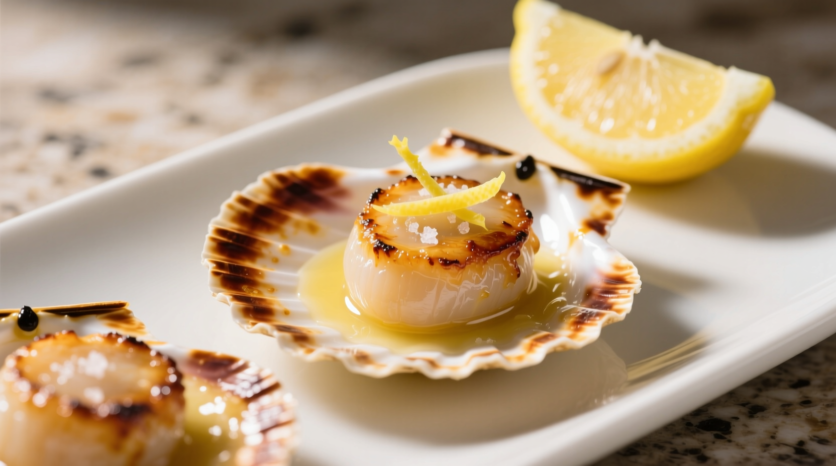 Perfectly seared bay scallops with lemon garnish