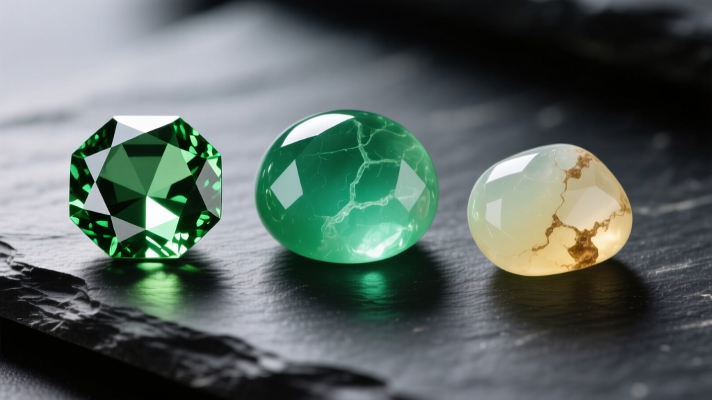 Macro shot of faceted peridot, cabochon chrysoprase, and prehnite on dark slate showing distinct chartreuse gemstone tones