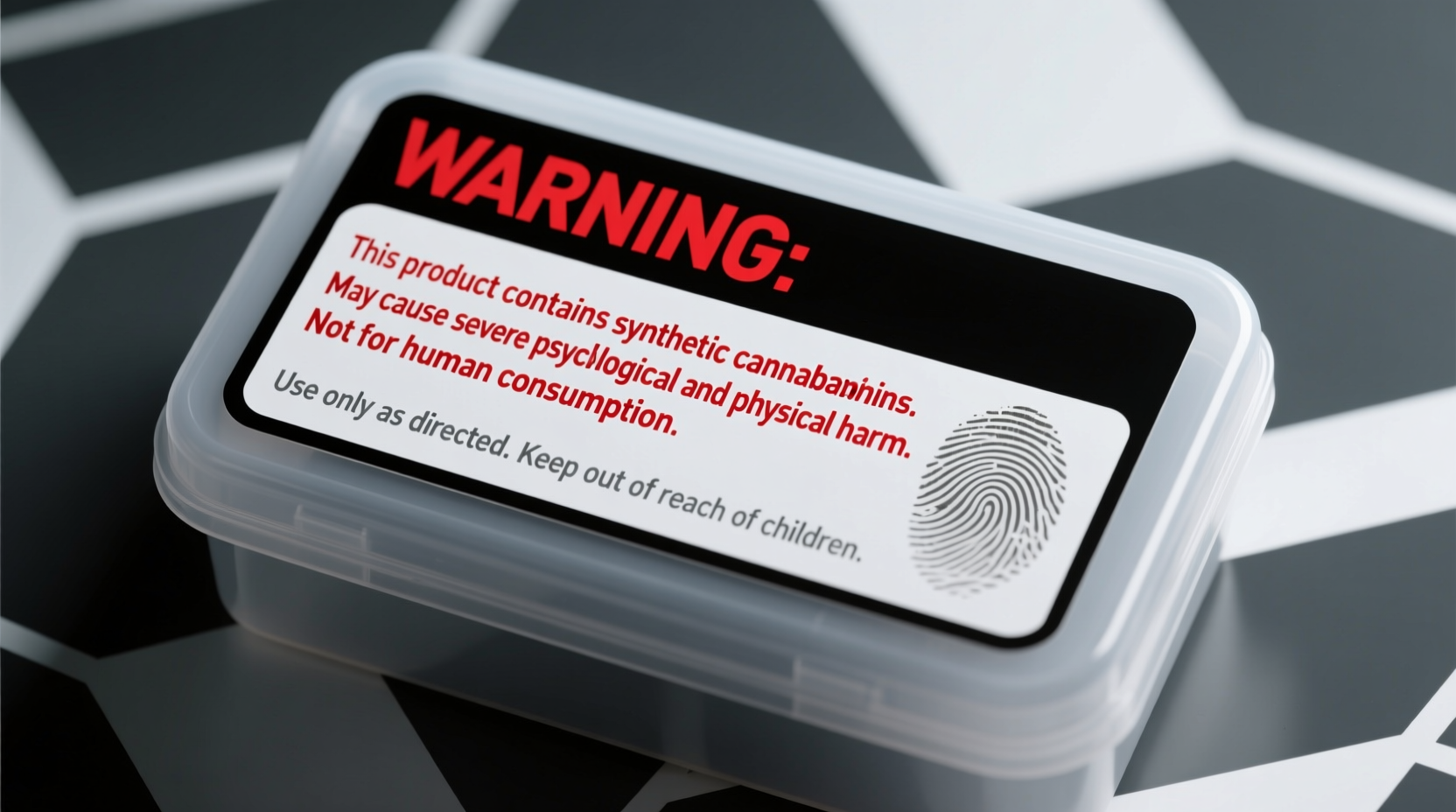 Warning label on synthetic cannabinoid packaging