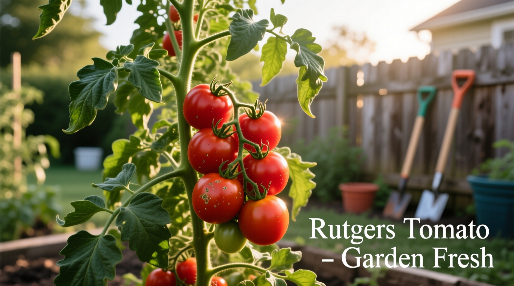 Rutgers tomato plant with ripe fruit in garden