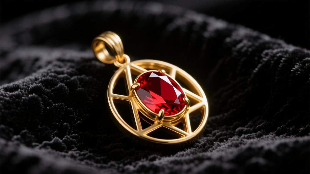 Macro shot of a gold-plated brass Ascendant amulet replica with a red resin gem, resting on dark crushed velvet fabric.
