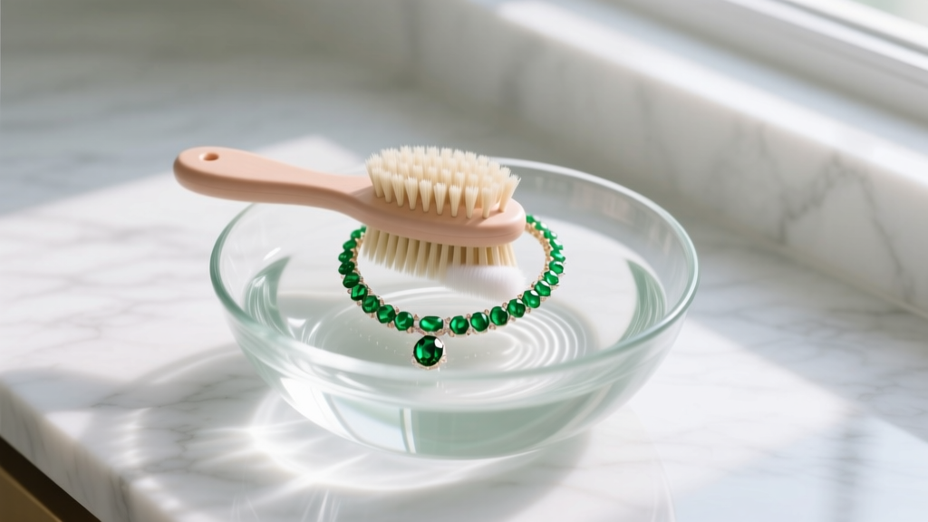 Soft baby hairbrush gently cleaning an emerald tennis necklace over a glass bowl of distilled water on a clean marble counter.