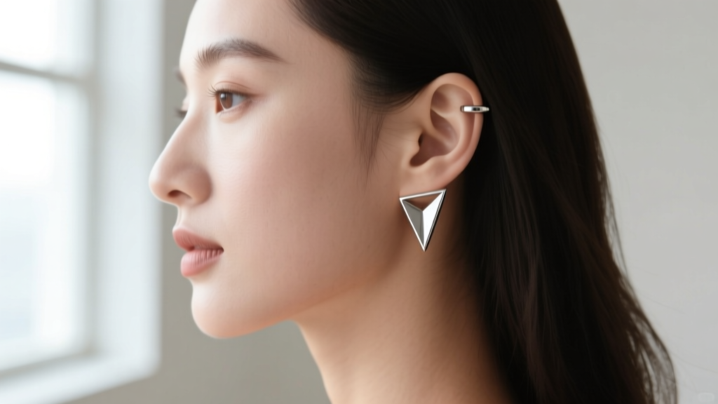 Woman wearing minimalist titanium ear cuff shield earrings on upper cartilage, side profile in soft natural window light