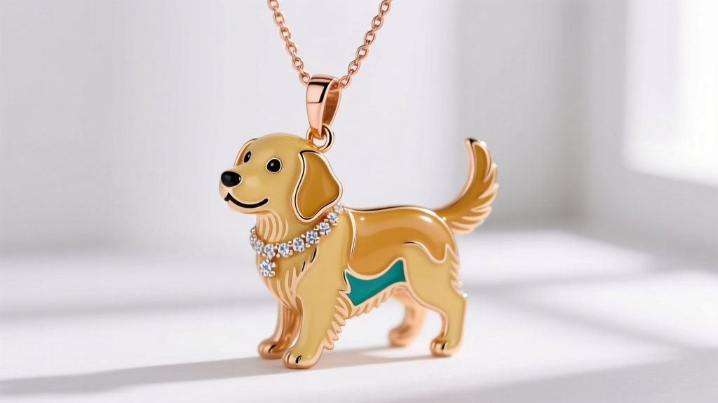 Custom enamel pendant of a golden retriever wearing a tiny diamond necklace, hanging from a delicate 14k rose gold cable chain.