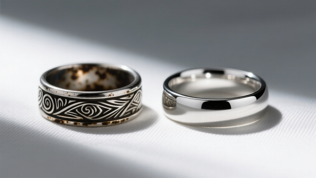 Close-up of a tarnished sterling silver signet ring next to a pristine one resting on anti-tarnish Pacific cloth fabric