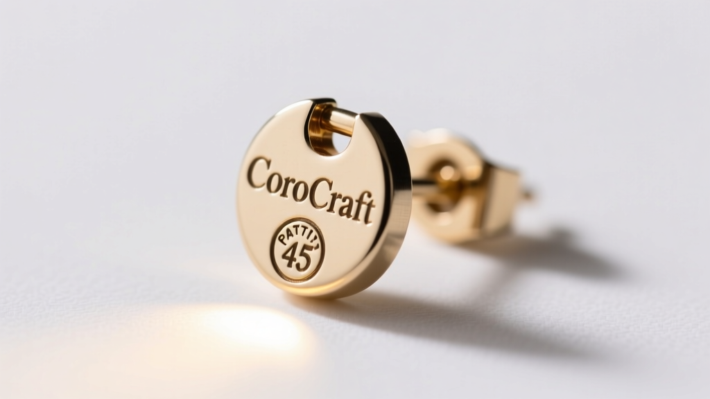 Detailed macro photo of a CoroCraft earring back showing a stamped patent number and hallmark, lit by a bright, warm LED light.