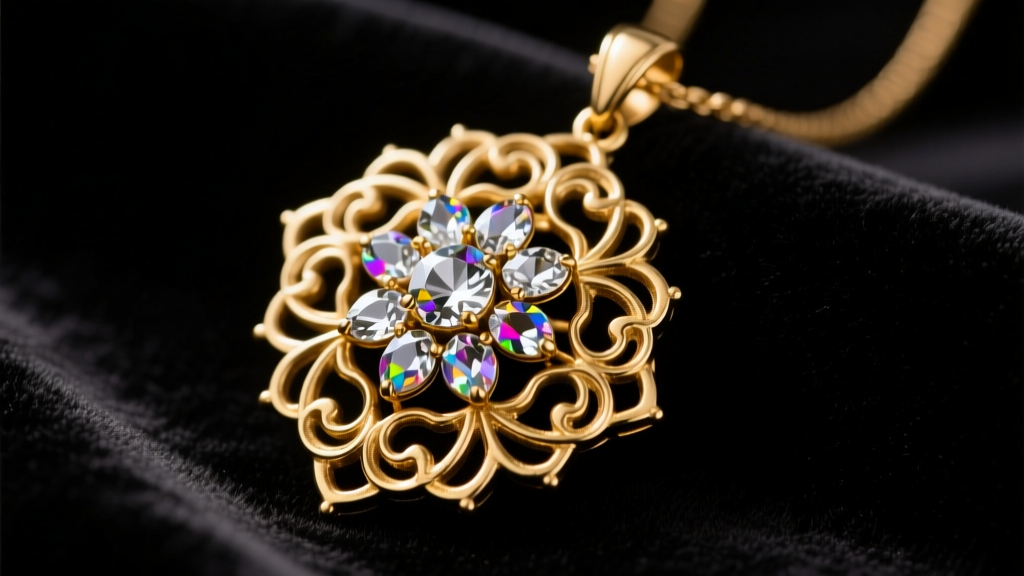 Close-up of a crafted gold-plated brass pendant made from a vintage 1950s Trifari rhinestone brooch, resting on dark velvet.