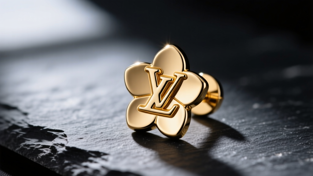 Macro shot of a small gold-plated LV monogram flower earring stud on dark slate, highlighting the engraved metal texture