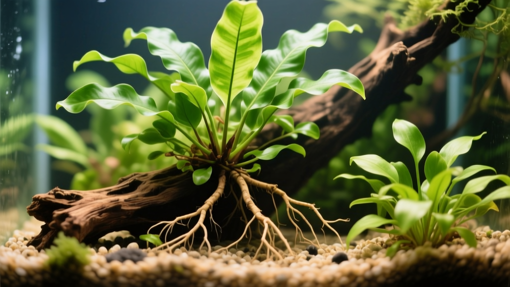 Close-up of healthy aquatic plants—Java fern, Anubias, and Cryptocoryne—anchored to driftwood and nestled in substrate, showing lush green foliage and strong root development